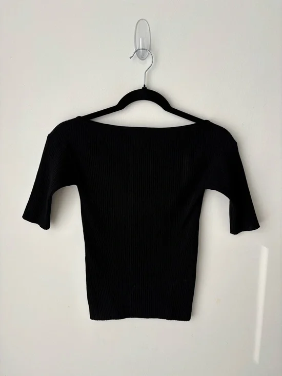 Max Mara Weekend Ribbed Knit Boat Neck Top Black | Fitted Stretch Off Shoulder - Picture 3 of 9